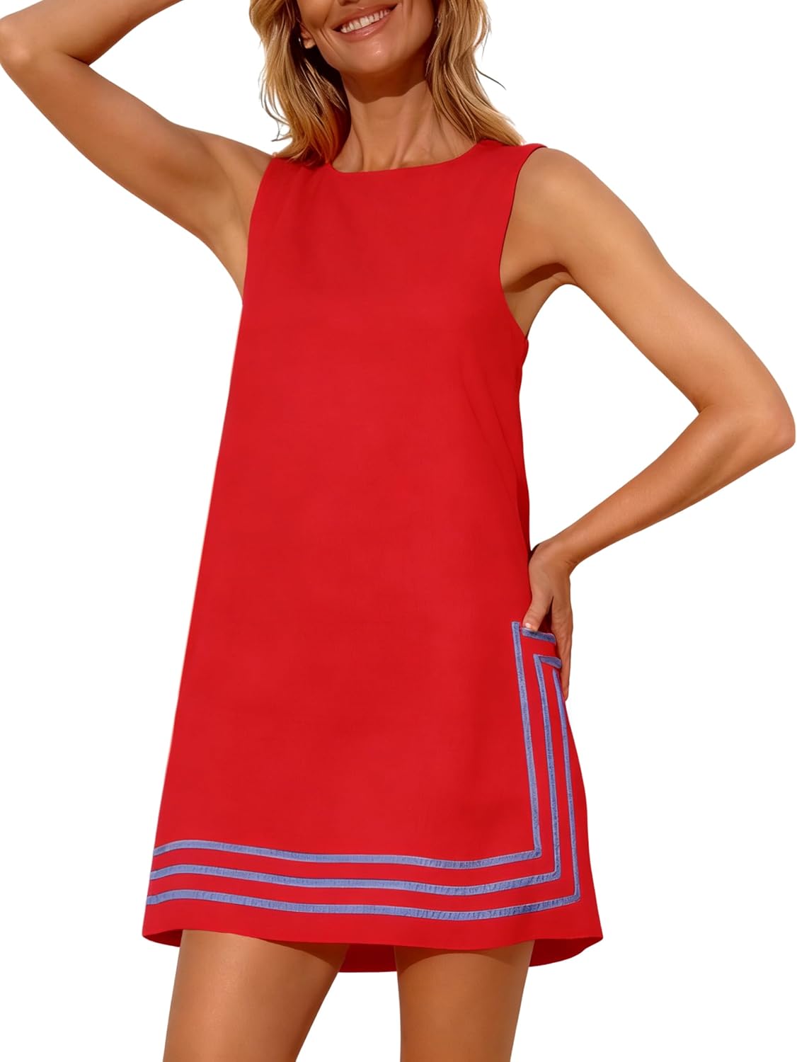 Freyhem Womens Summer Boho A-Line Mini Dress Sleeveless Sundress Color Block Beach Coverups