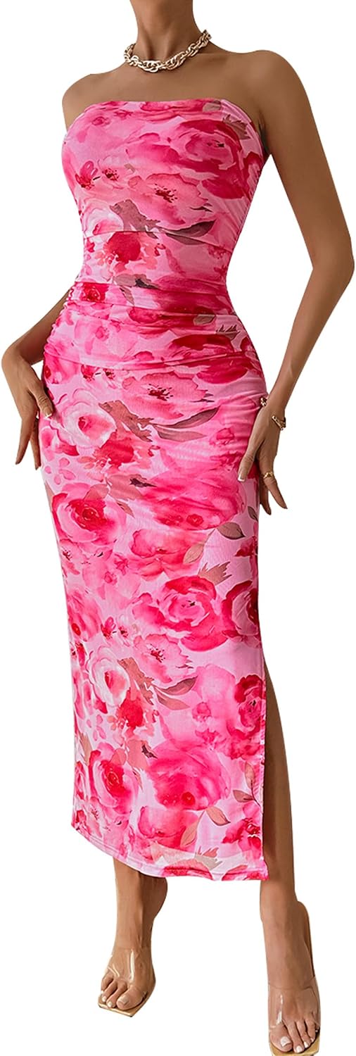 PRETTYGARDEN Women's Strapless Bodycon Floral Maxi Dress | Stretchy Lined Mesh, Long Tube Dresses, Ruched Slit, Spring Summer Y2K Outfits for Wedding, Date Night Party, Beach Vacation