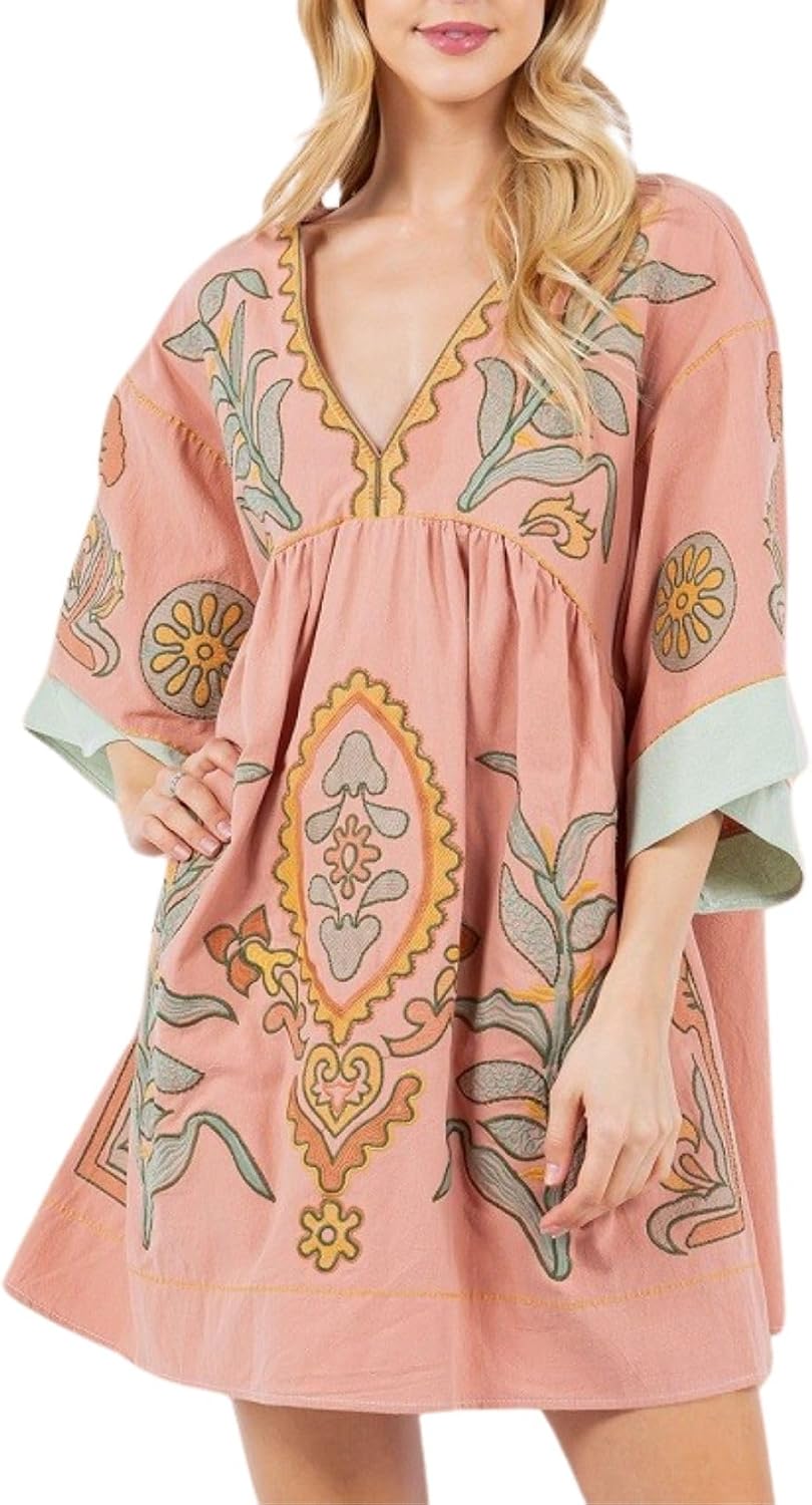 Joiemont Womens Oversized Embroidered Dress with V-Neck and 3\/4 Sleeves Vintage Embroidery Babydoll Dress