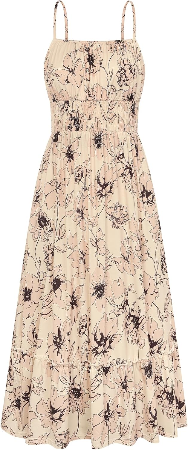 GRACE KARIN Summer Dresses for Women 2026 Vacation Boho Maxi Sundress | Casual, Smocked Waist, Floral Printed, Spaghetti Strap, Sleeveless, Beach Dresses With Pockets, Fashion Outfits