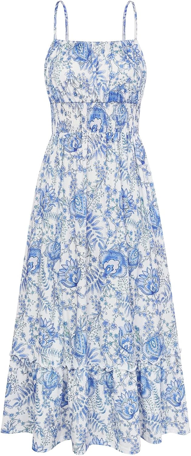 GRACE KARIN Summer Dresses for Women 2026 Vacation Boho Maxi Sundress | Casual, Smocked Waist, Floral Printed, Spaghetti Strap, Sleeveless, Beach Dresses With Pockets, Fashion Outfits
