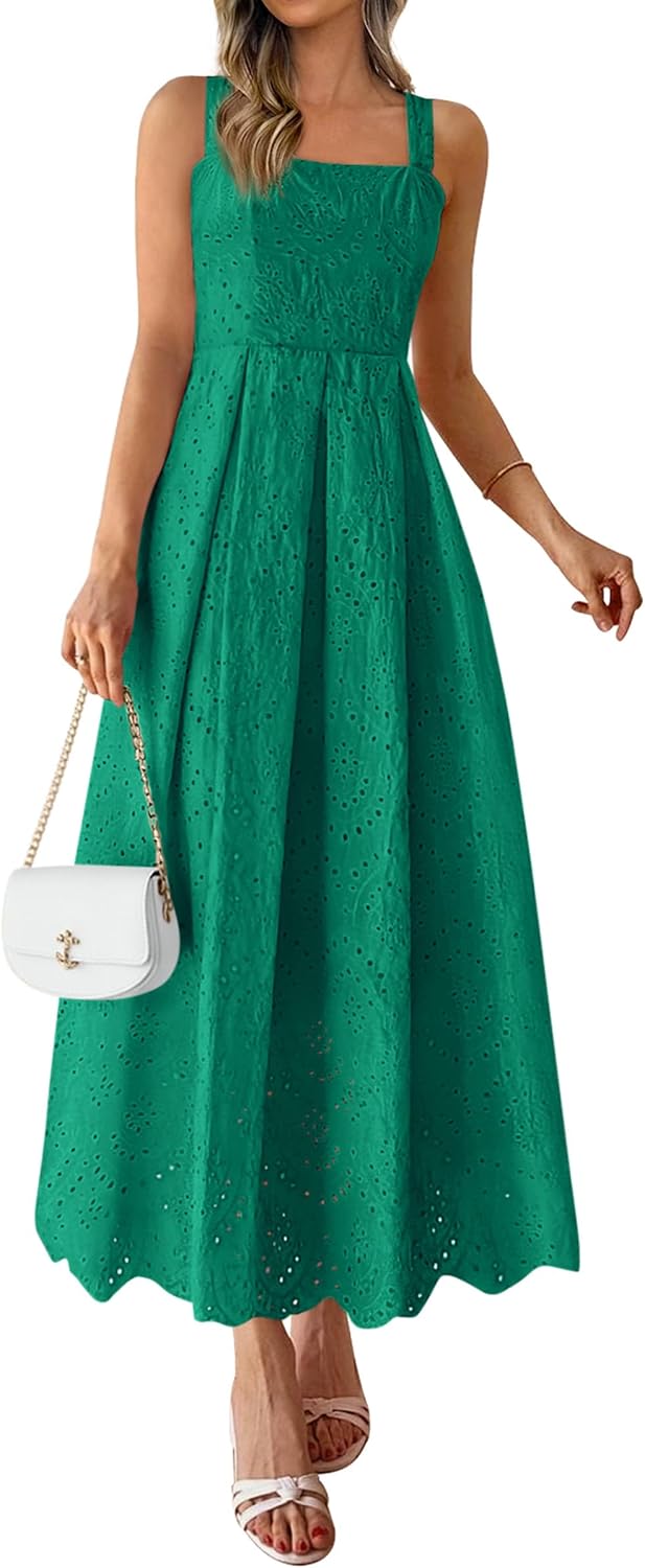 PRETTYGARDEN Womens Sleeveless Eyelet Summer Dresses Pockets | Hollow Out Embroidered Cotton,Adjustable Straps,Square Neck Ruffle Maxi Dress,Smocked back,Flowy Beach Vacation Sundress