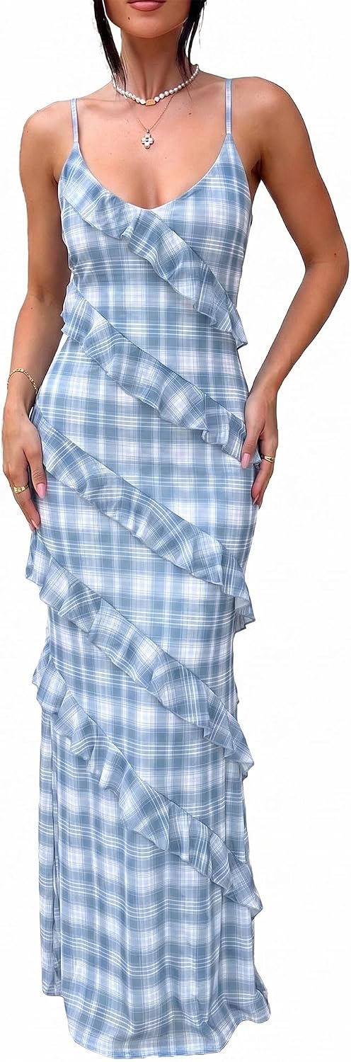 HOCILLE Women's Sexy V Neck Mesh Bodycon Wedding Guest Cocktail Maxi Dress | Sundress Spaghetti Strap Elegant Ruffle Party Long Dresses