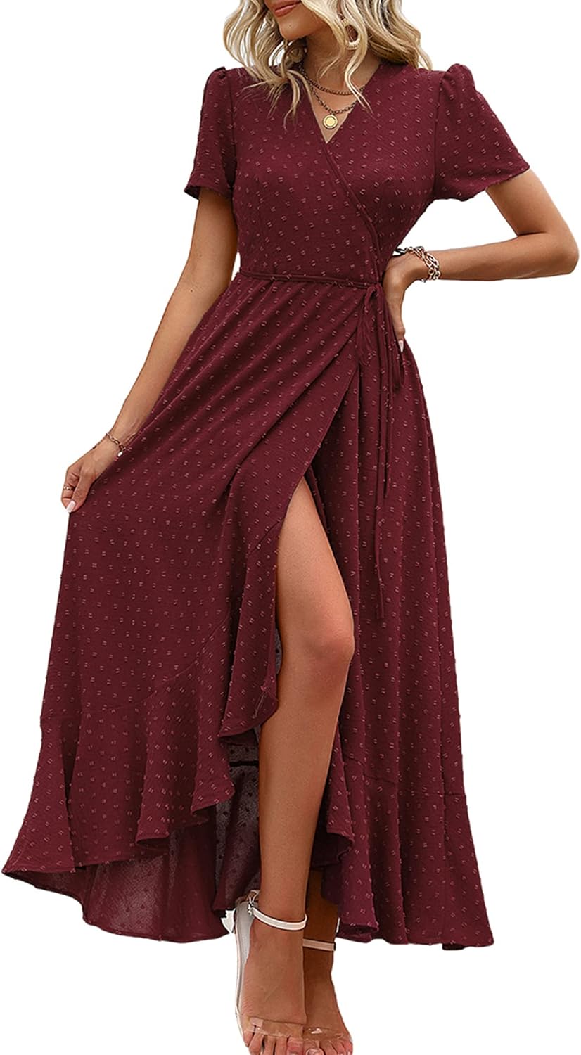 PRETTYGARDEN Women's Boho Floral Summer Maxi Dresses | Short Sleeve Wrap V Neck, Long Flowy Sundress, Spring Wedding Guest Party Outfits, Ruffle Beach Vacation Dress, Resort Wear