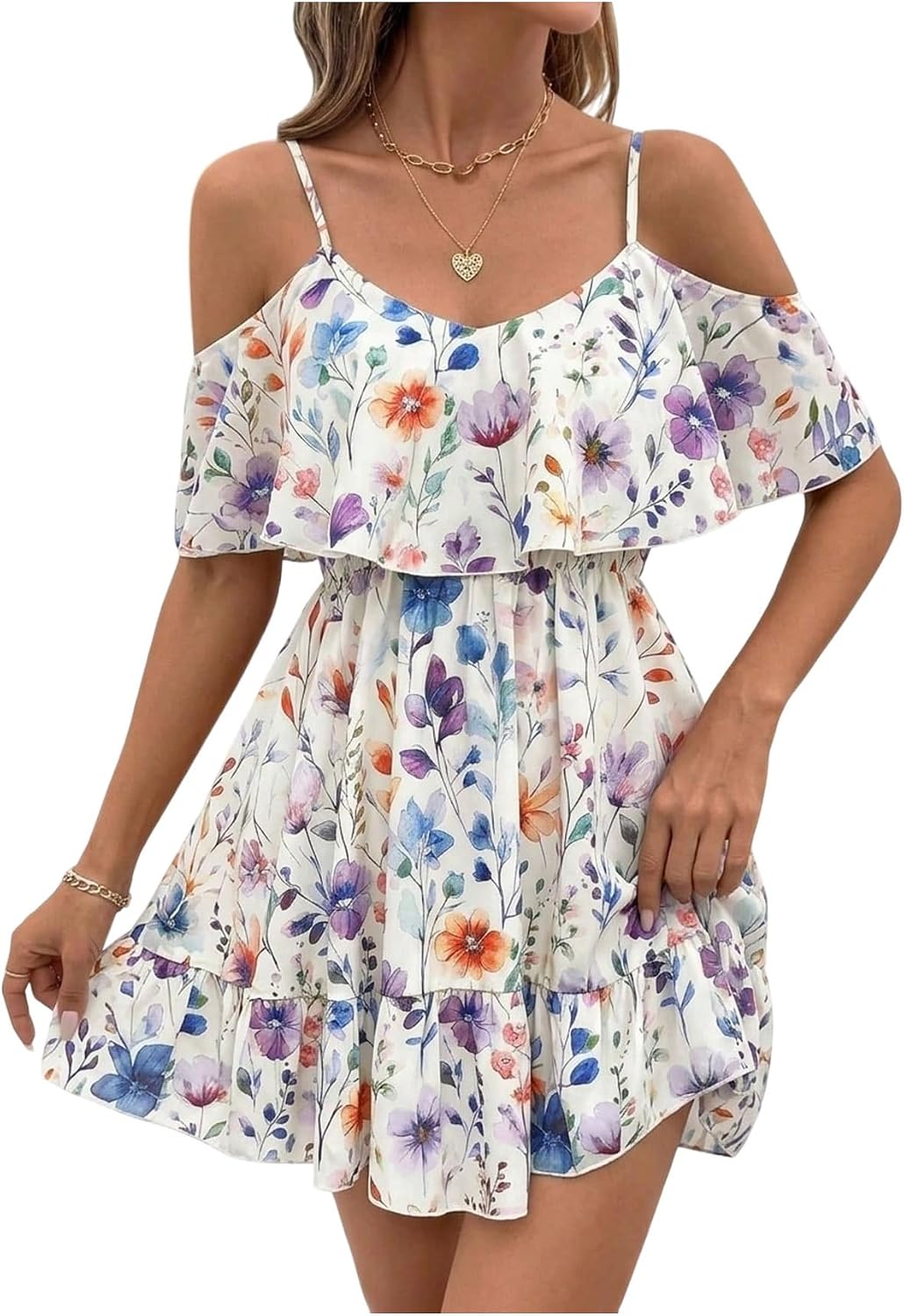 SOLY HUX Women's Summer Floral Mini Dress Cold Shoulder Ruffle Dresses | Boho, Short Sleeve, A Line, Vacation, Sundress