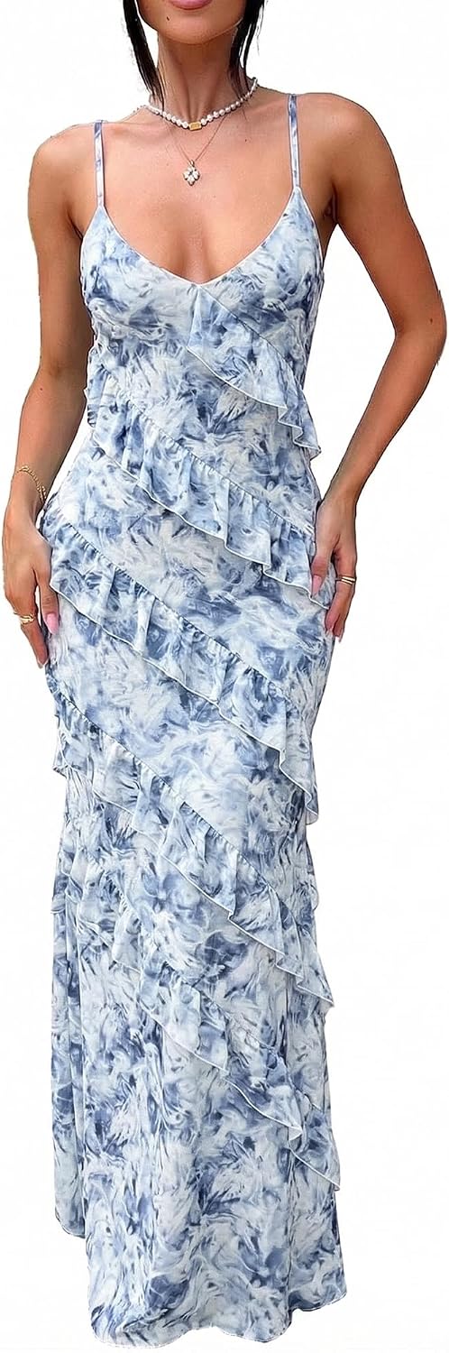 HOCILLE Women's Sexy V Neck Mesh Bodycon Wedding Guest Cocktail Maxi Dress | Sundress Spaghetti Strap Elegant Ruffle Party Long Dresses