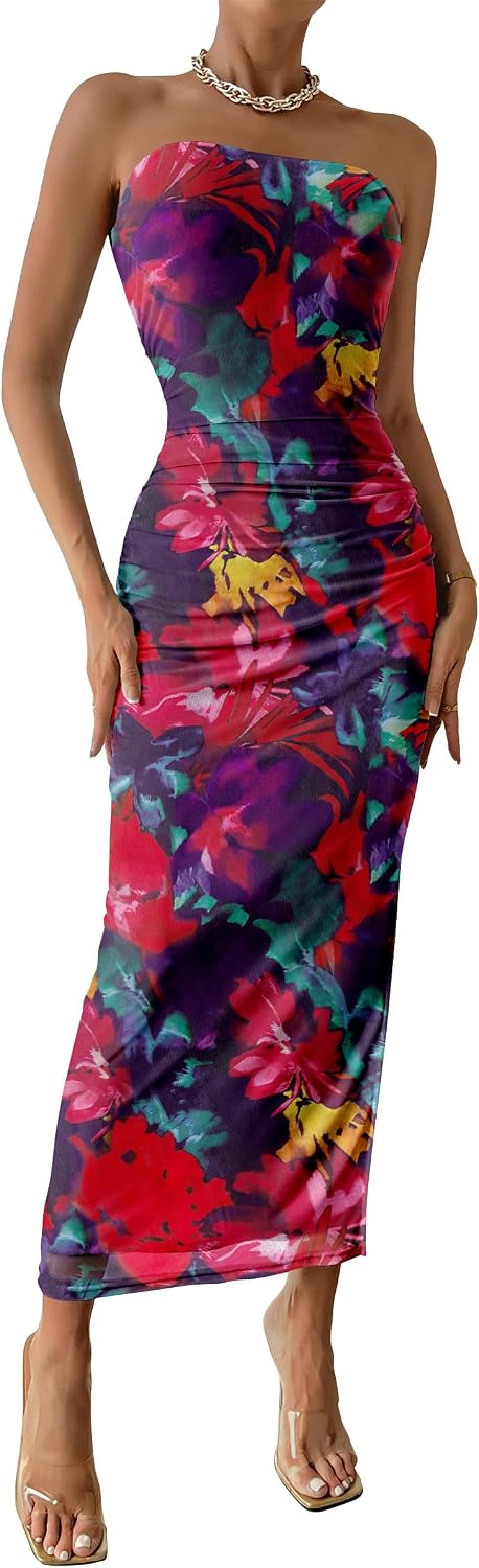 PRETTYGARDEN Women's Strapless Bodycon Floral Maxi Dress | Stretchy Lined Mesh, Long Tube Dresses, Ruched Slit, Spring Summer Y2K Outfits for Wedding, Date Night Party, Beach Vacation