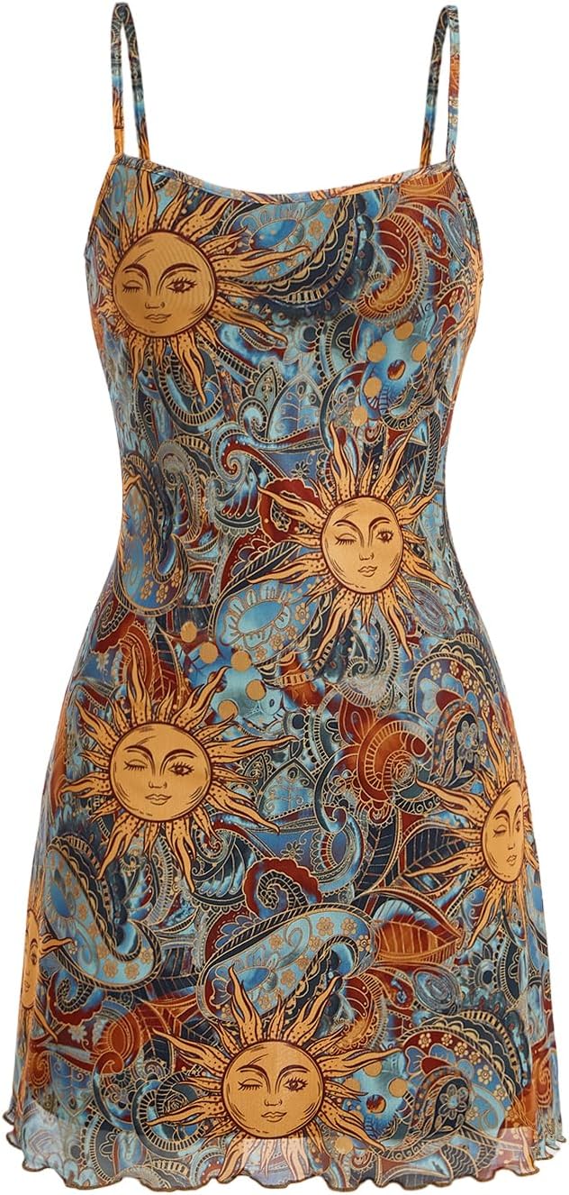 Milumia Women\u2018s Summer Mini Dress 90s Boho A Line Mesh Short Dresses | Spaghetti Strap,Sleeveless,Vintage,Paisley Print,Festival Outfits,Cowgirl,Y2k,Goth