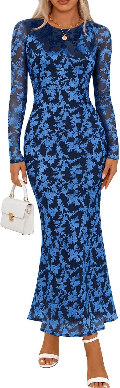 MEROKEETY Womens Fall Velvet Formal Wedding Guest Maxi Dress | Bodycon, Floral, Long Sleeve, Mesh, Round Neck, Formal Cocktail Party Birthday Club Date Night Prom, 2026 Winter Dress