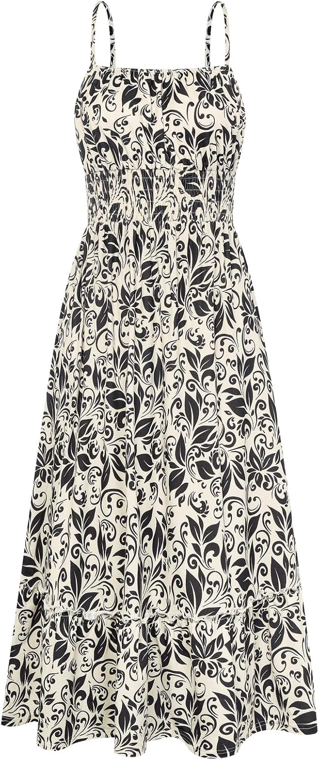 GRACE KARIN Summer Dresses for Women 2026 Vacation Boho Maxi Sundress | Casual, Smocked Waist, Floral Printed, Spaghetti Strap, Sleeveless, Beach Dresses With Pockets, Fashion Outfits