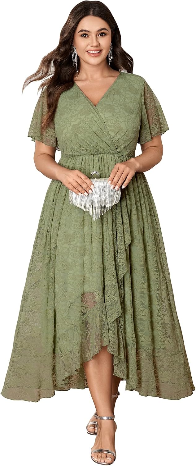 SCOMCHIC Womens Plus Size Wedding Guest Formal Dress | Lace, Wrap V Neck, High Low, Short Sleeve, Cocktail, Maxi Dresses