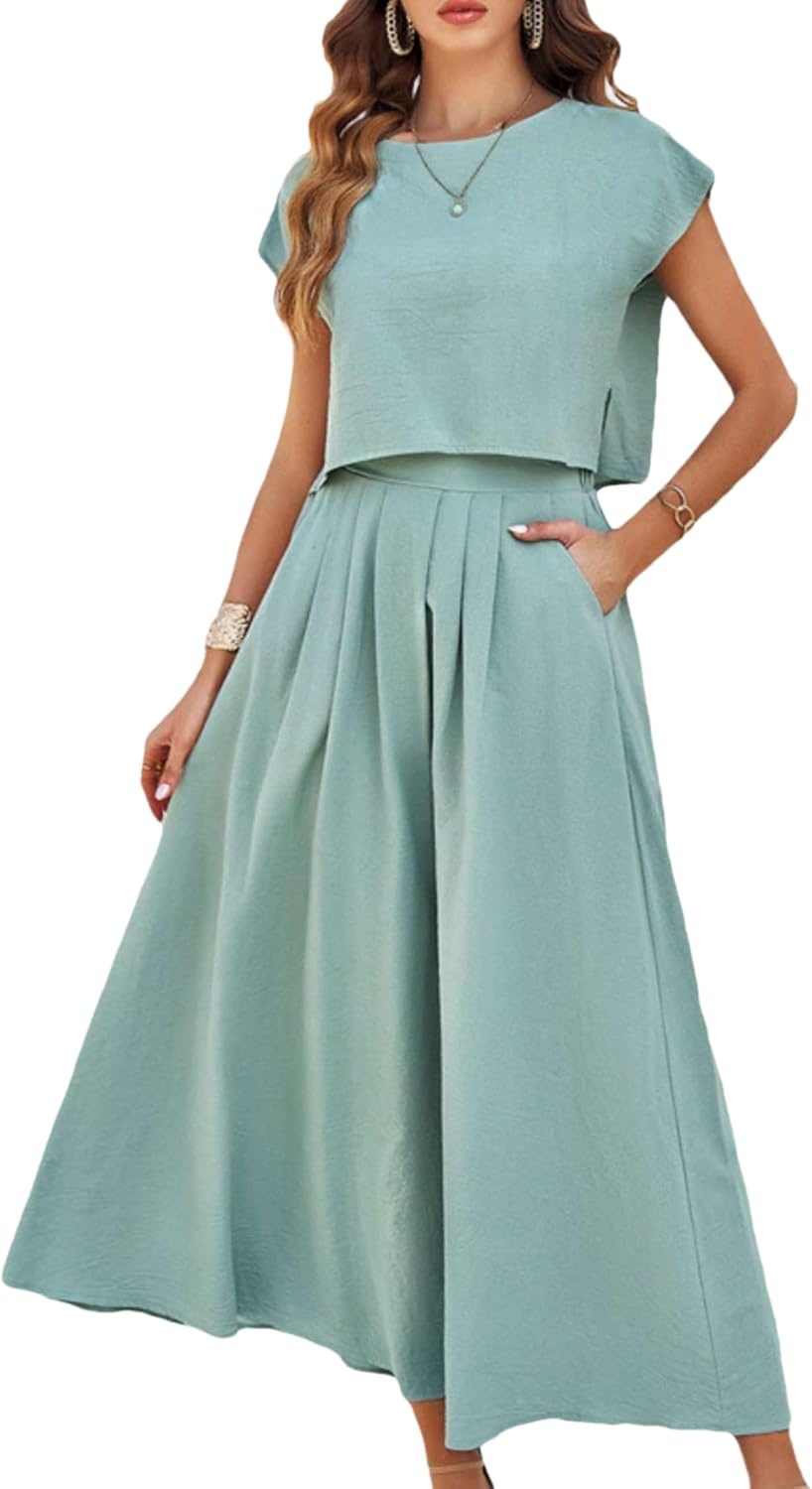 Mingzhu Womens 2 Piece Outfits Skirt Set Summer Maxi Dress Sets Pockets | Casual Outfits, Cap Sleeve, Crop Tops, Maxi Dress Sets with Pockets, Matching Lounge Sets, Vacation Travel Outfits
