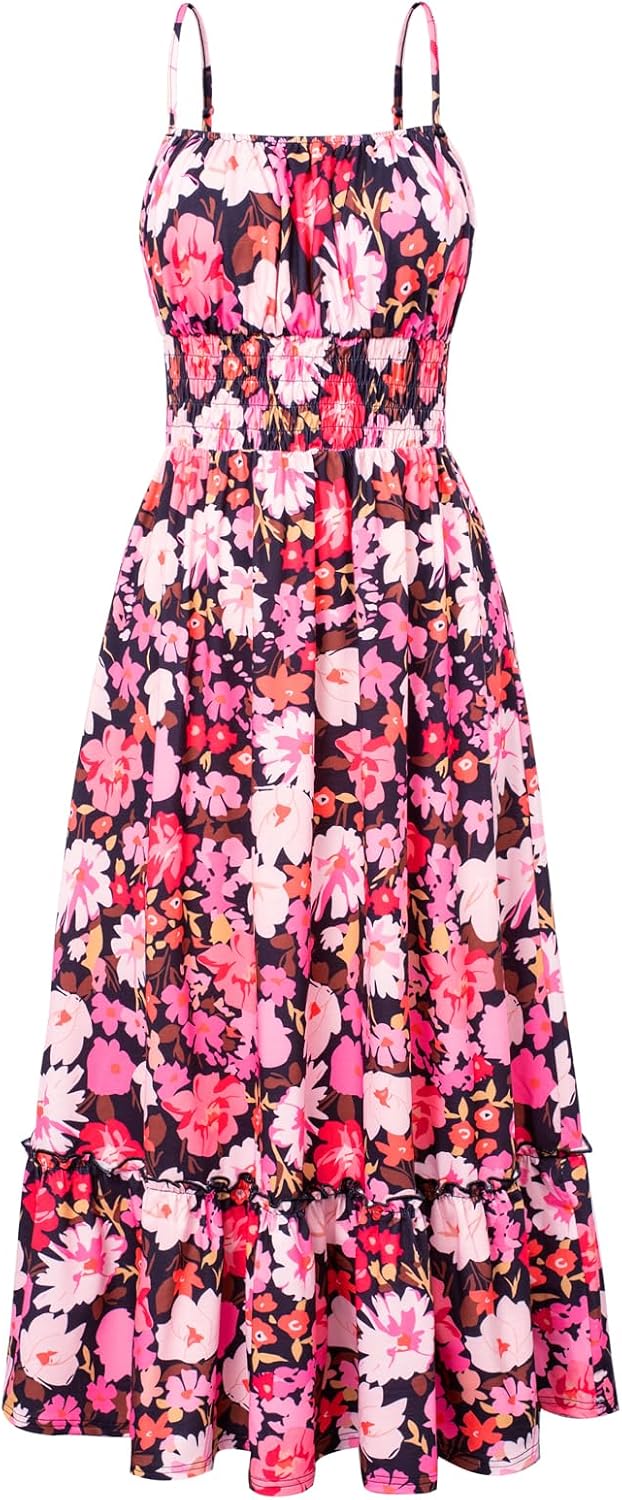 GRACE KARIN Summer Dresses for Women 2026 Vacation Boho Maxi Sundress | Casual, Smocked Waist, Floral Printed, Spaghetti Strap, Sleeveless, Beach Dresses With Pockets, Fashion Outfits