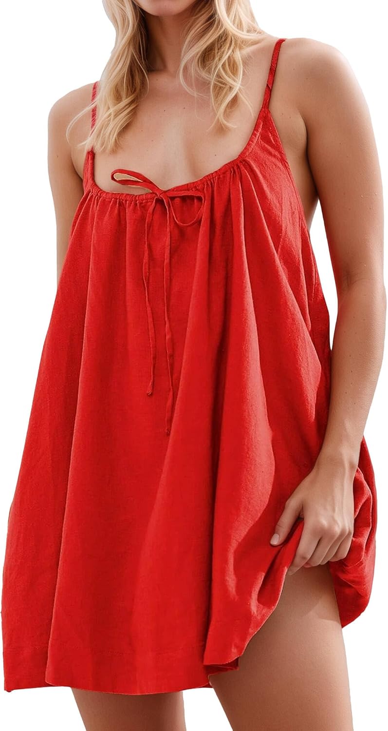 NEEP Boho Dresses for Women 2026 Mini Linen Cover Up Sundresses Summer Spaghetti Strap Sleeveless Dress with Pockets