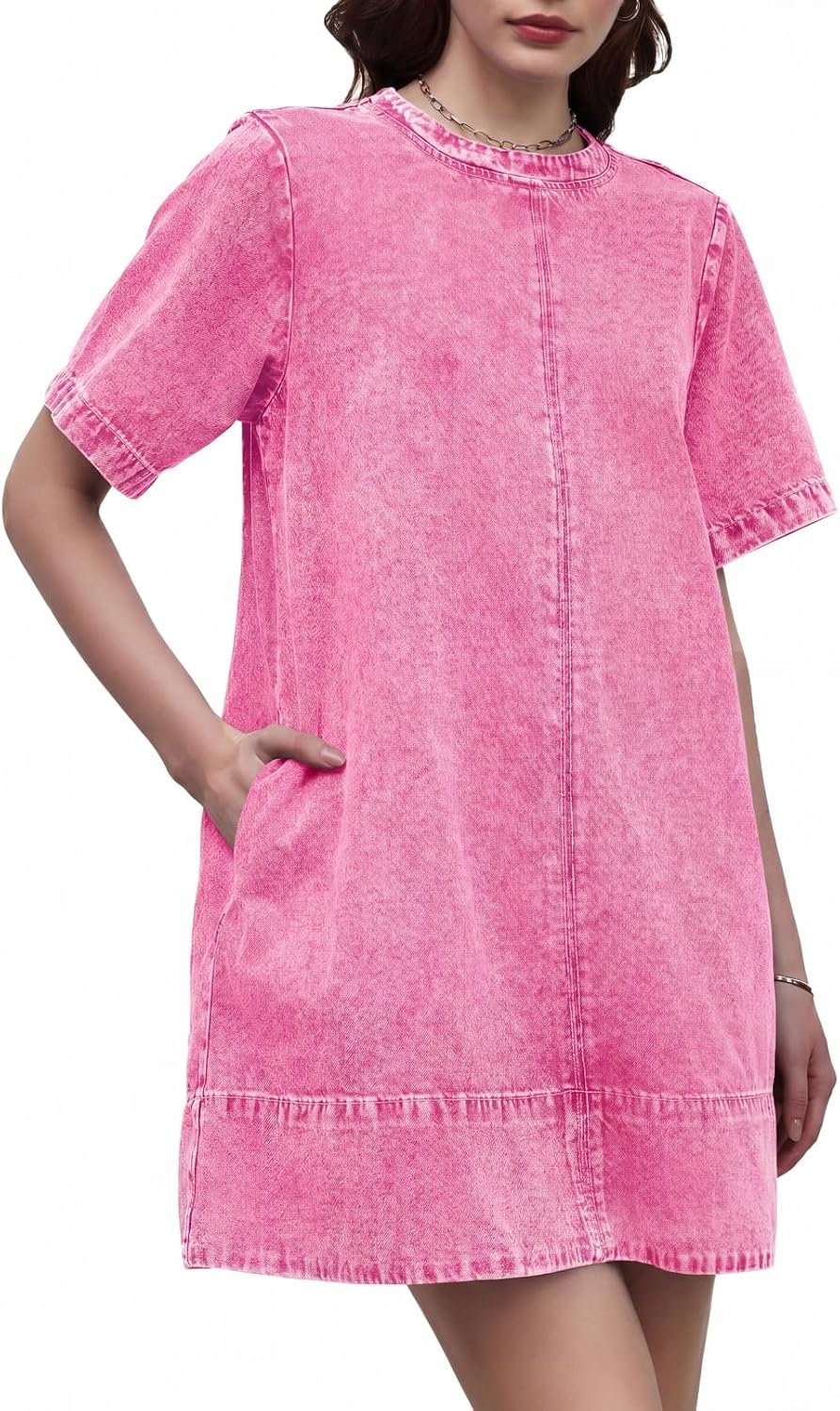 LifeShe Denim Dress for Women Summer Casual Short Sleeve Chambray Mini Jean Dresses with Pockets