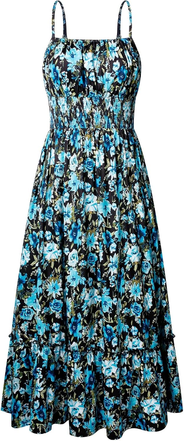 GRACE KARIN Summer Dresses for Women 2026 Vacation Boho Maxi Sundress | Casual, Smocked Waist, Floral Printed, Spaghetti Strap, Sleeveless, Beach Dresses With Pockets, Fashion Outfits