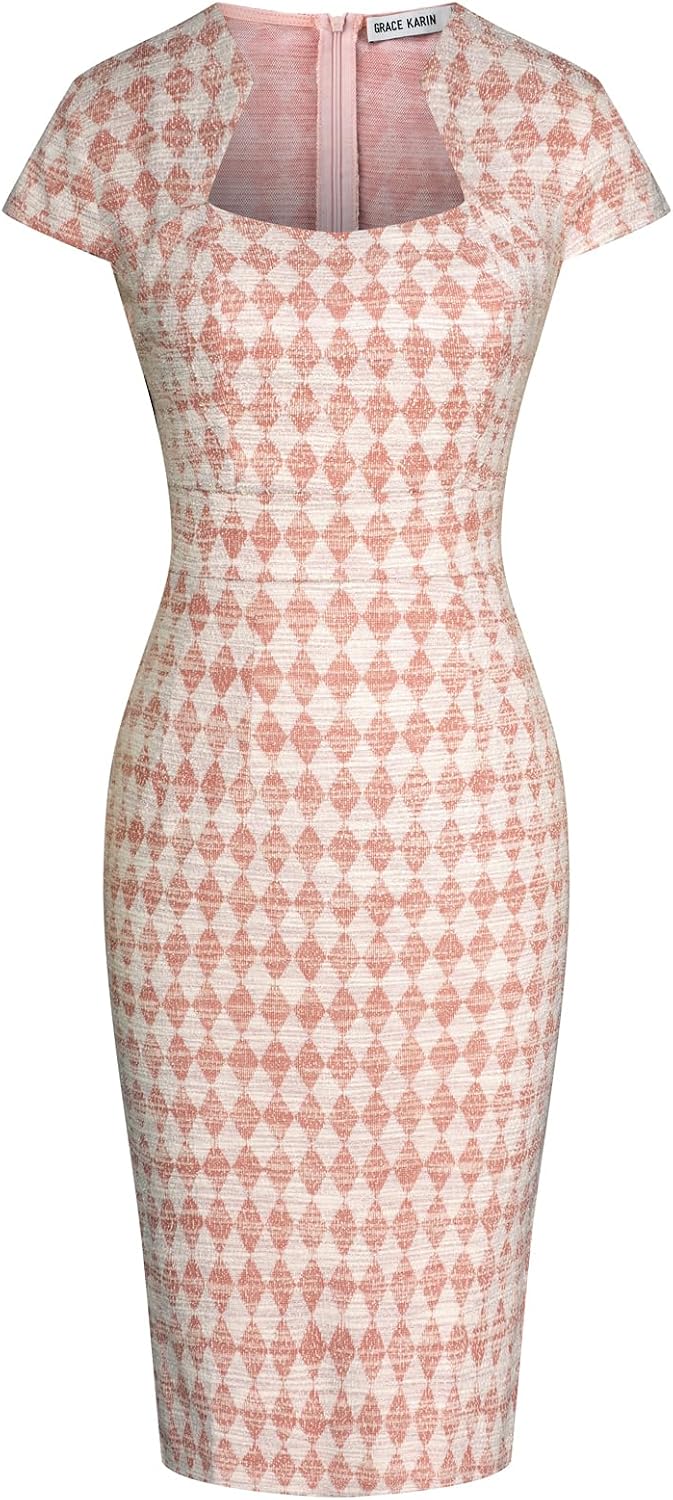 GRACE KARIN Work Dresses for Women Tweed Pencil Dress | Cap sleeve, Knee-length, Zipper back, Sweetheart neck, Stretch fabric, Formal office work business sheath dress