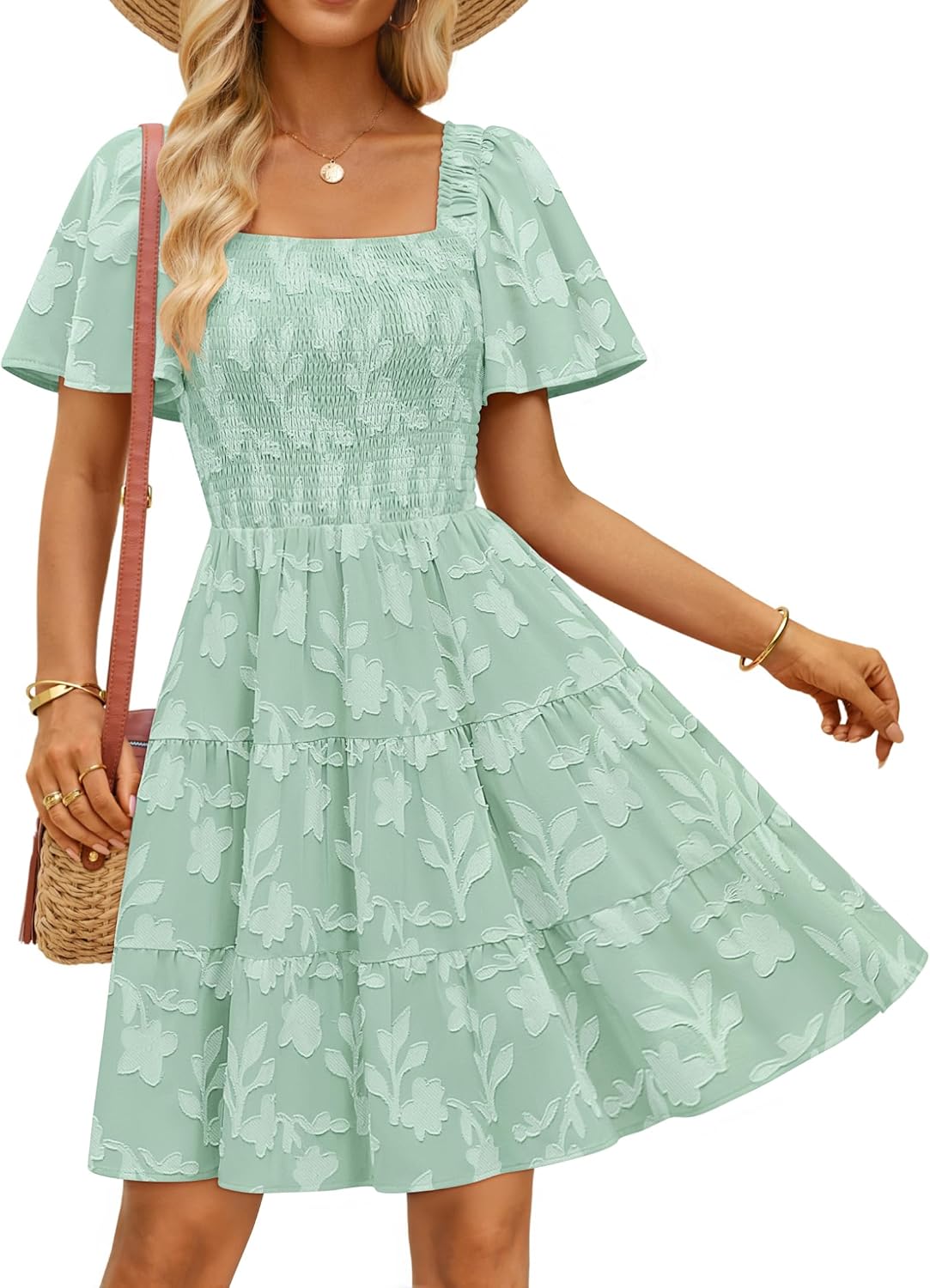 ZESICA Women's 2026 Summer Boho Floral Flowy Mini Dresses | Elegant Short Dress, Swing A Line Dress, Smocked Ruffle, Cute Sundress, Short Sleeve, Square Neck, Beach Vacation Dress