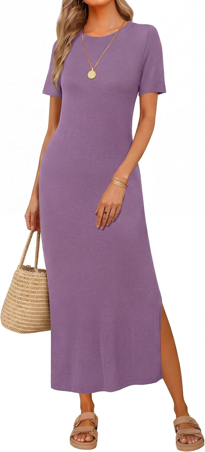 Arach&Cloz Women's Wool Blend Fall Business Casual T Shirts Maxi Dress | Soft Wool Blend, Medium Stretch & Thickness,Crew Neck short Sleeve Maxi Dress With side Slit fits,Casual And All Occasions
