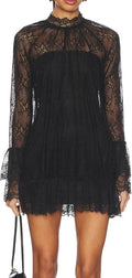Women See Through Long Sleeve Lace Mini Dress Ruffle Layered Sheer Lace Short Dresses Sexy Going Out Cover Up Dresses