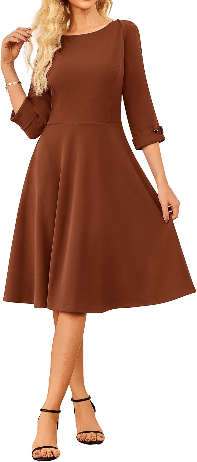 GRACE KARIN Work Dresses for Women Fit and Flare Midi Dress | Side Pockets,3\/4 Sleeve,Crew Neck A Line,2026 Business Classy Office Dresses, Church\/Work Graducation Outfits\/Professional