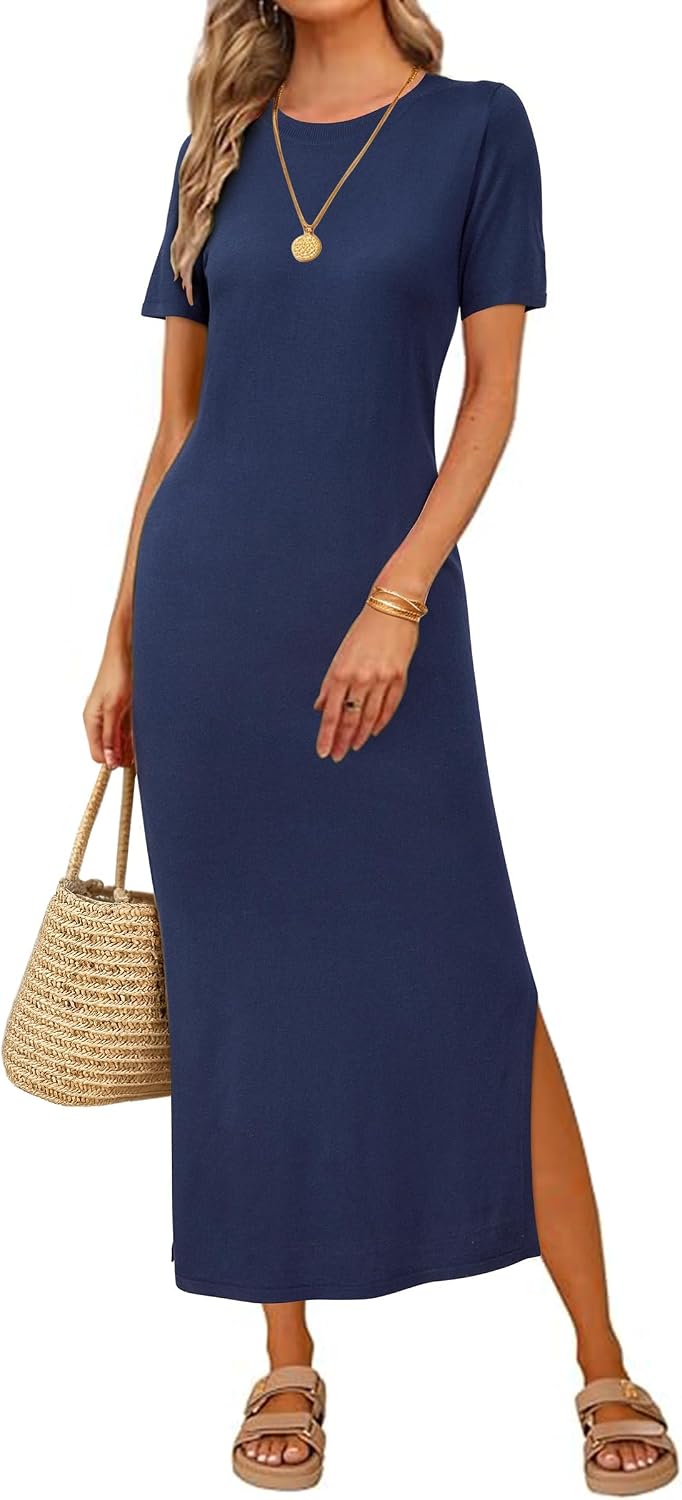 Arach&Cloz Women's Wool Blend Fall Business Casual T Shirts Maxi Dress | Soft Wool Blend, Medium Stretch & Thickness,Crew Neck short Sleeve Maxi Dress With side Slit fits,Casual And All Occasions