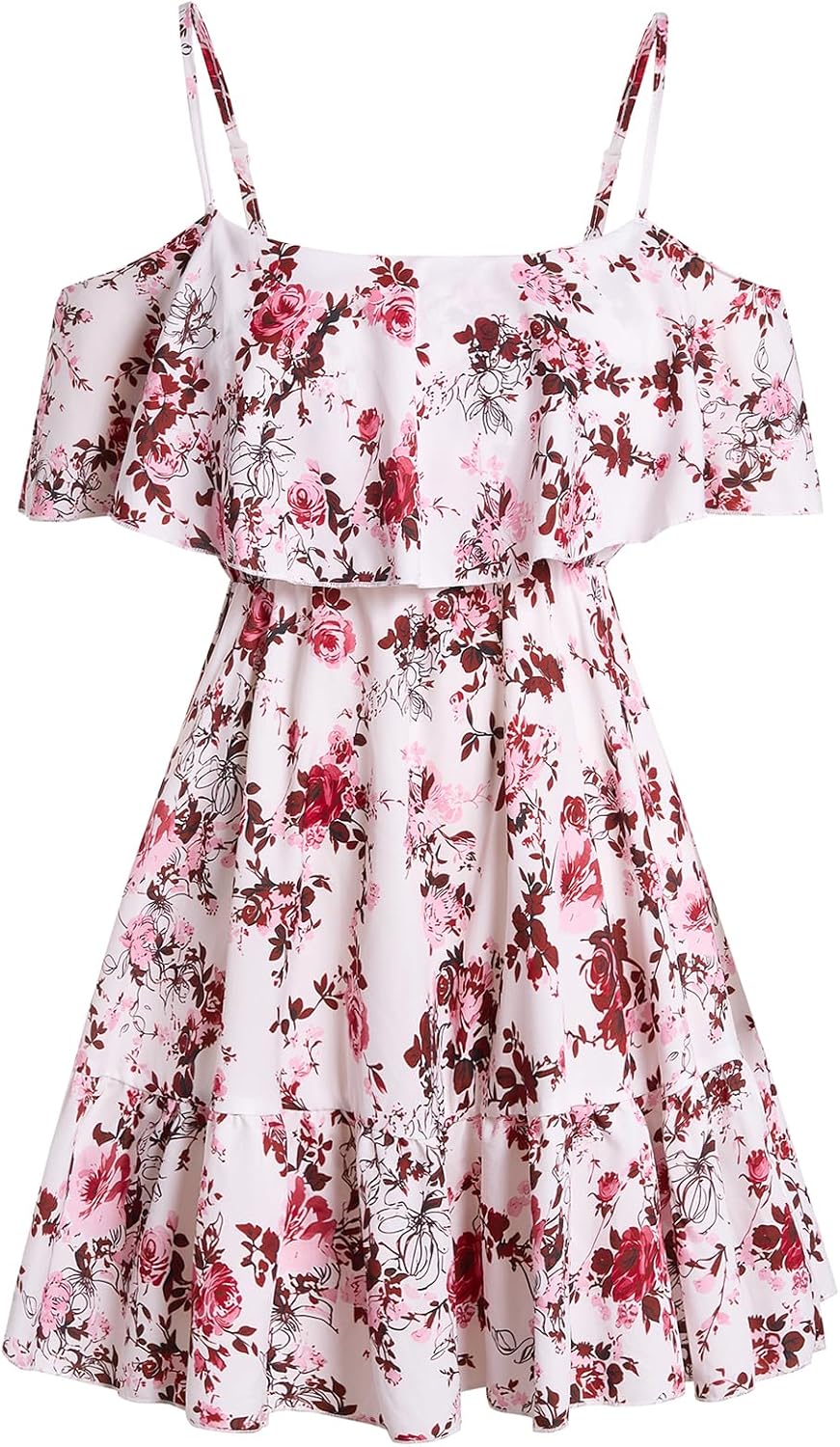 SOLY HUX Women's Summer Floral Mini Dress Cold Shoulder Ruffle Dresses | Boho, Short Sleeve, A Line, Vacation, Sundress