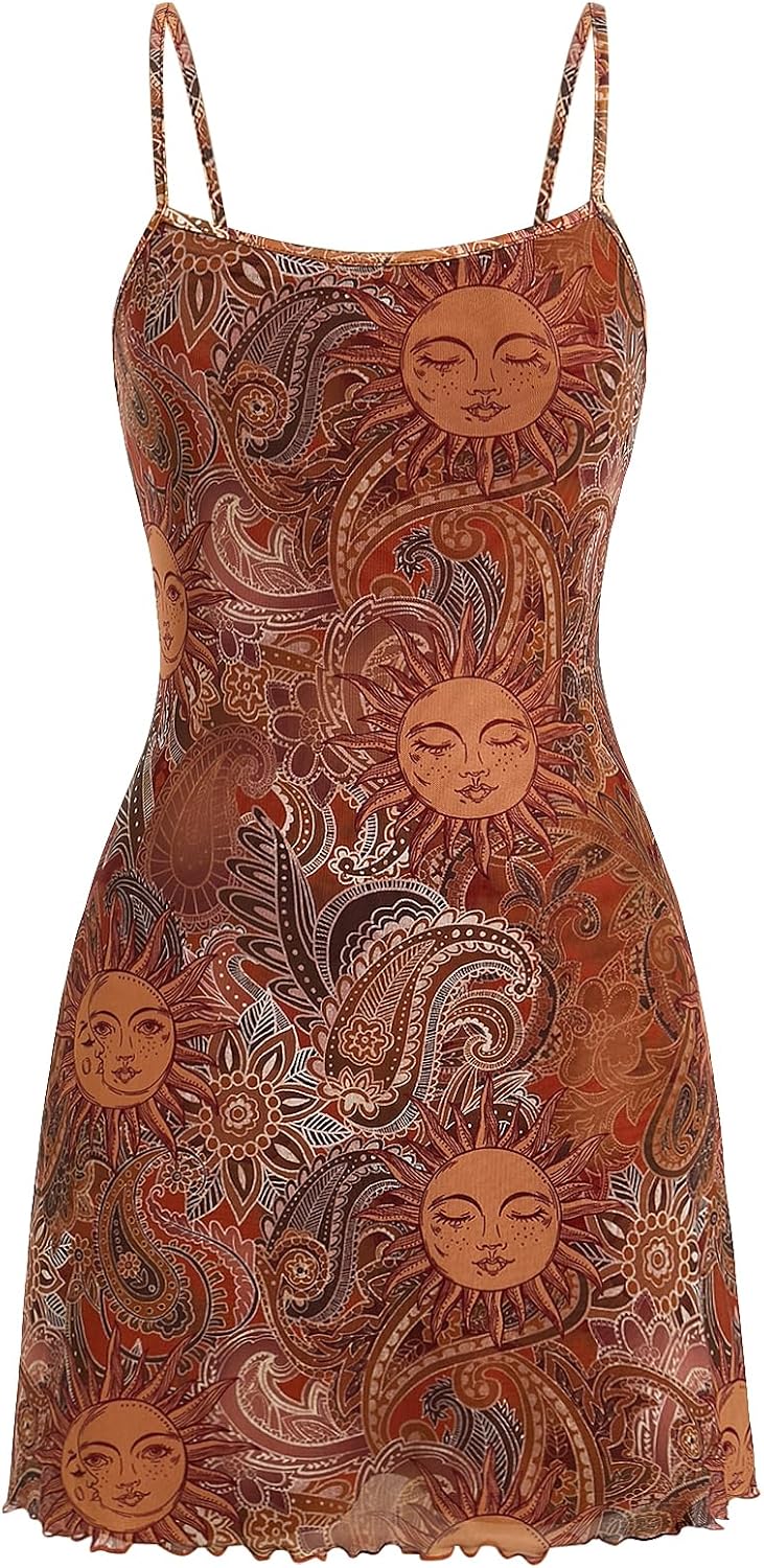 Milumia Women\u2018s Summer Mini Dress 90s Boho A Line Mesh Short Dresses | Spaghetti Strap,Sleeveless,Vintage,Paisley Print,Festival Outfits,Cowgirl,Y2k,Goth