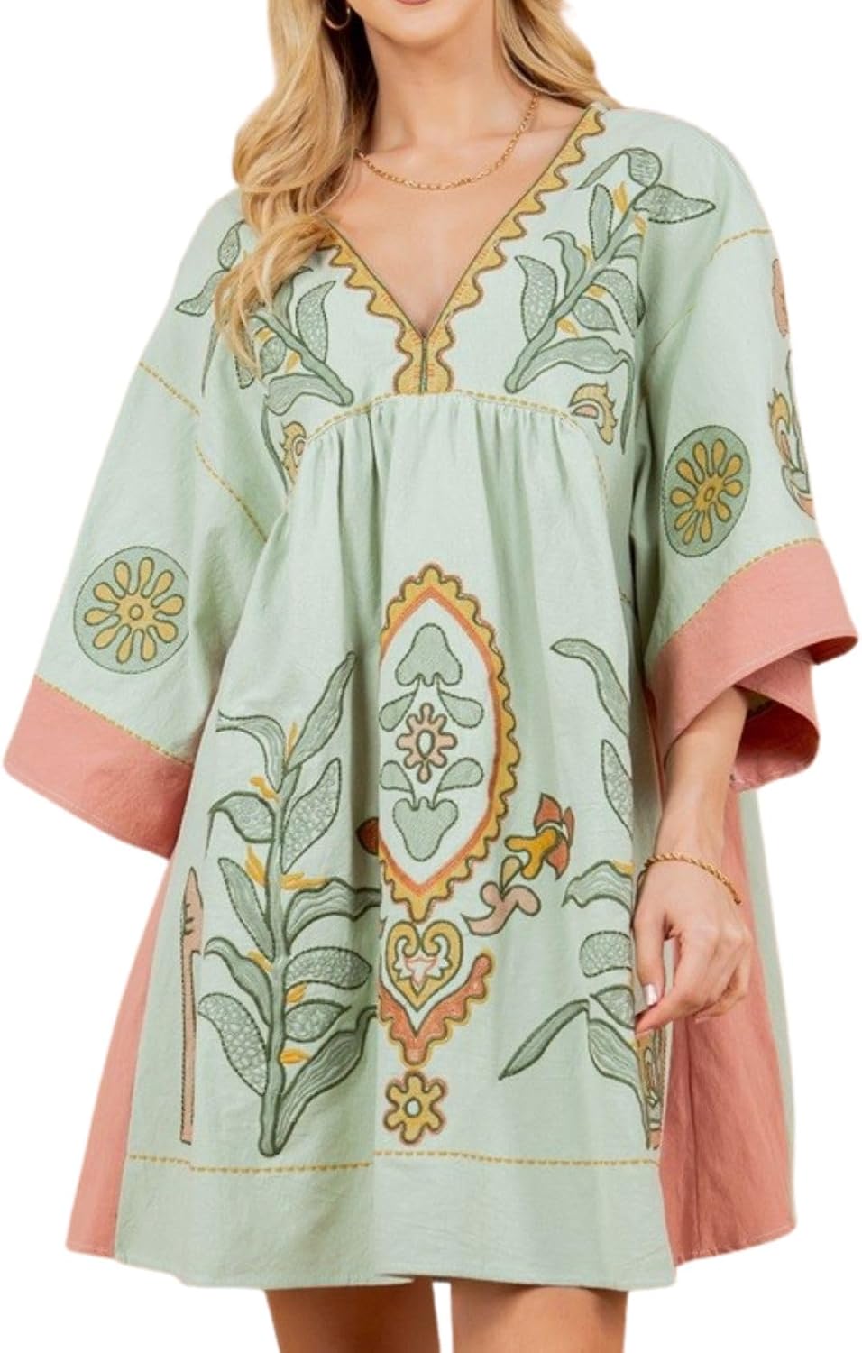 Joiemont Womens Oversized Embroidered Dress with V-Neck and 3\/4 Sleeves Vintage Embroidery Babydoll Dress