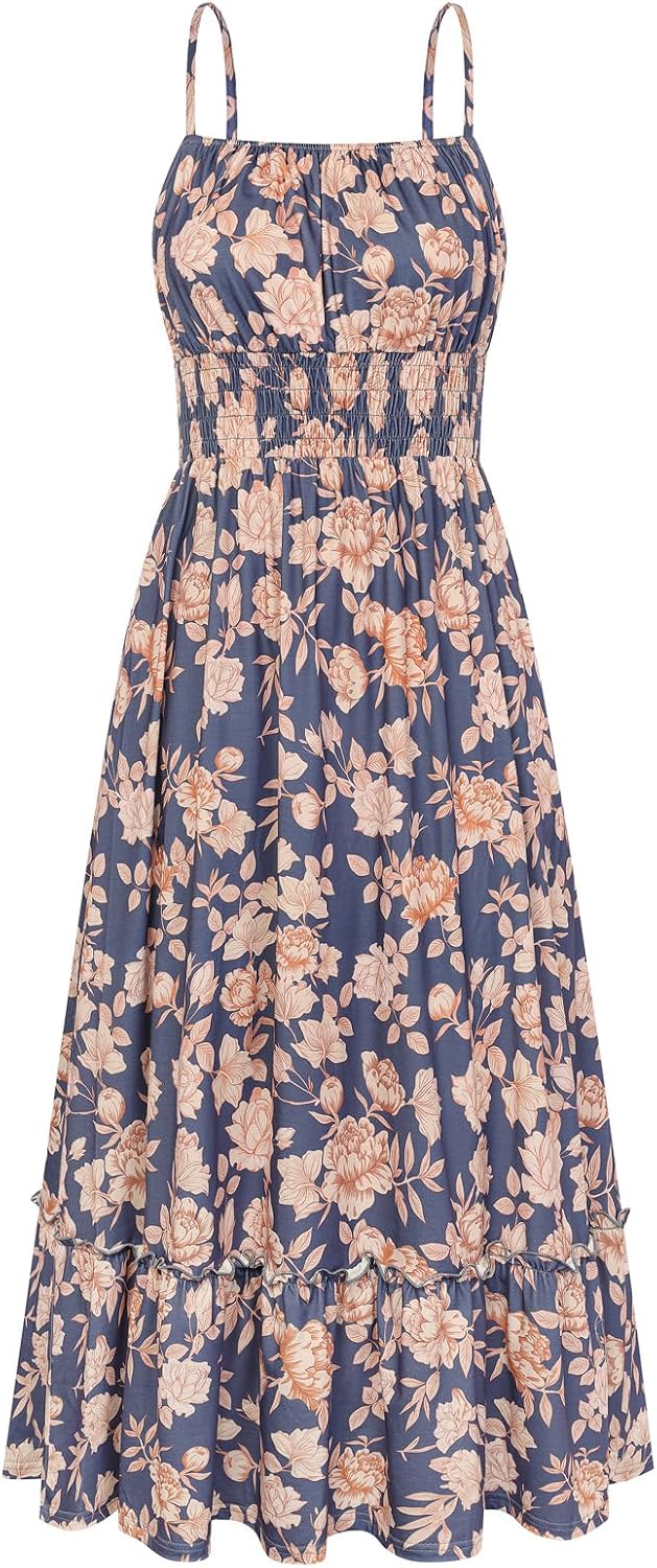 GRACE KARIN Summer Dresses for Women 2026 Vacation Boho Maxi Sundress | Casual, Smocked Waist, Floral Printed, Spaghetti Strap, Sleeveless, Beach Dresses With Pockets, Fashion Outfits