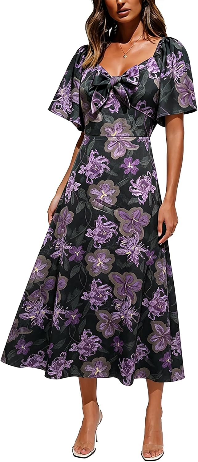 Fashionme 2026 Maxi Dress Women Satin Elegant Floral Tie Front Cap Sleeve | Summer Elegant Smocked Dress,Deep V Neck,Casual Sun Dress,Wedding Guest Graduation Vacation Beach Tea Party, XS-3XL