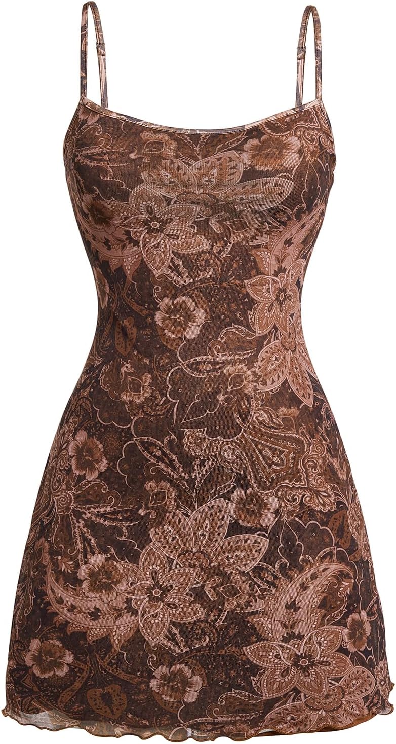 Milumia Women\u2018s Summer Mini Dress 90s Boho A Line Mesh Short Dresses | Spaghetti Strap,Sleeveless,Vintage,Paisley Print,Festival Outfits,Cowgirl,Y2k,Goth