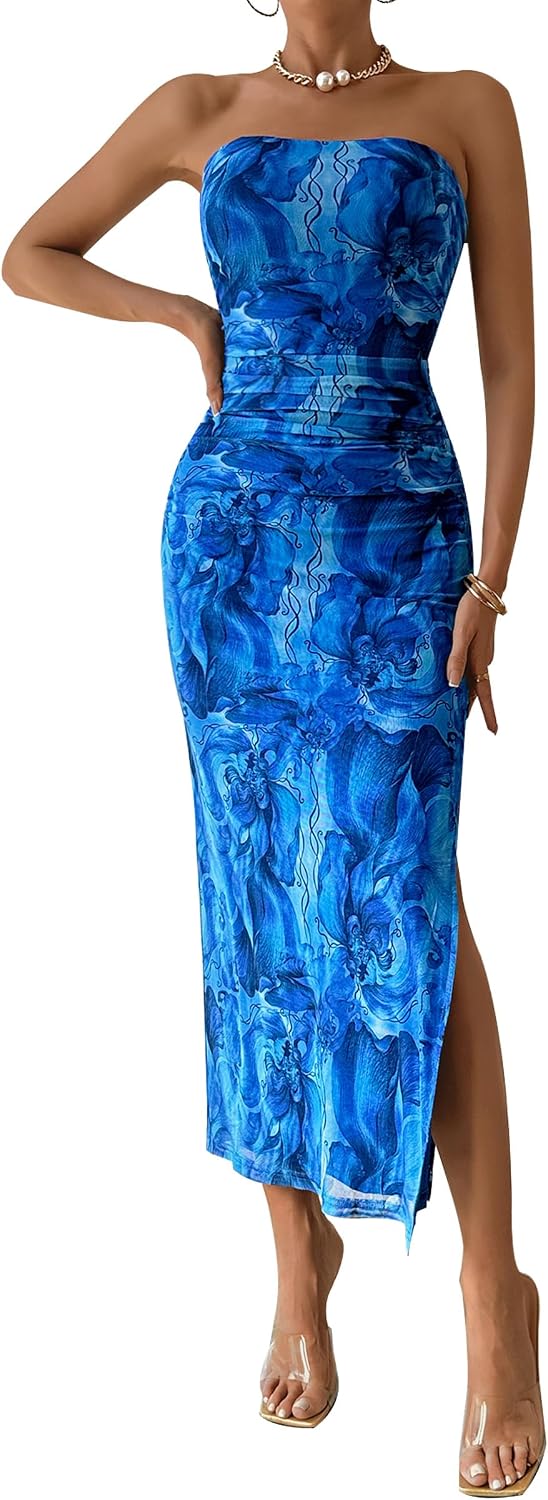 PRETTYGARDEN Women's Strapless Bodycon Floral Maxi Dress | Stretchy Lined Mesh, Long Tube Dresses, Ruched Slit, Spring Summer Y2K Outfits for Wedding, Date Night Party, Beach Vacation