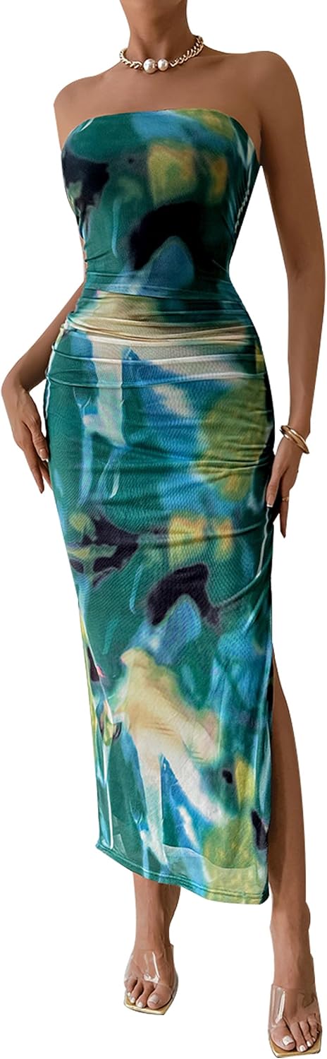 PRETTYGARDEN Women's Strapless Bodycon Floral Maxi Dress | Stretchy Lined Mesh, Long Tube Dresses, Ruched Slit, Spring Summer Y2K Outfits for Wedding, Date Night Party, Beach Vacation