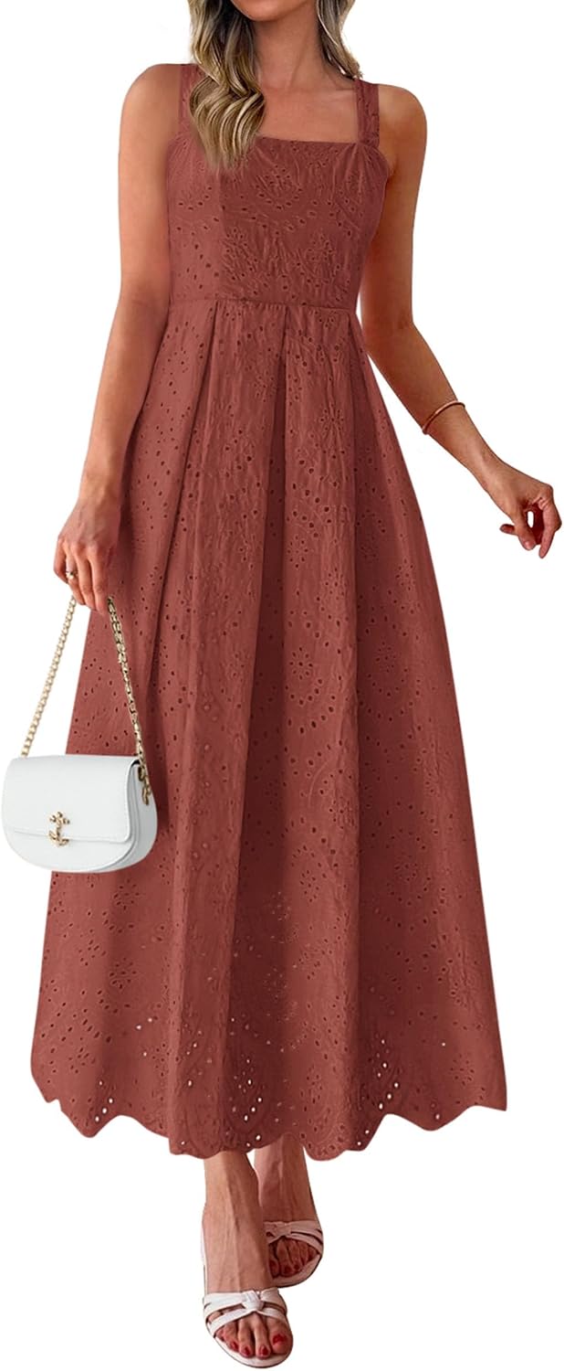 PRETTYGARDEN Womens Sleeveless Eyelet Summer Dresses Pockets | Hollow Out Embroidered Cotton,Adjustable Straps,Square Neck Ruffle Maxi Dress,Smocked back,Flowy Beach Vacation Sundress