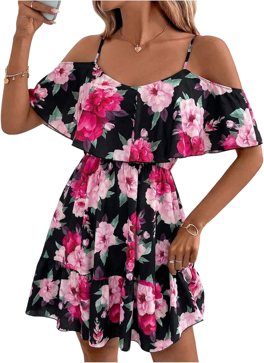SOLY HUX Women's Summer Floral Mini Dress Cold Shoulder Ruffle Dresses | Boho, Short Sleeve, A Line, Vacation, Sundress