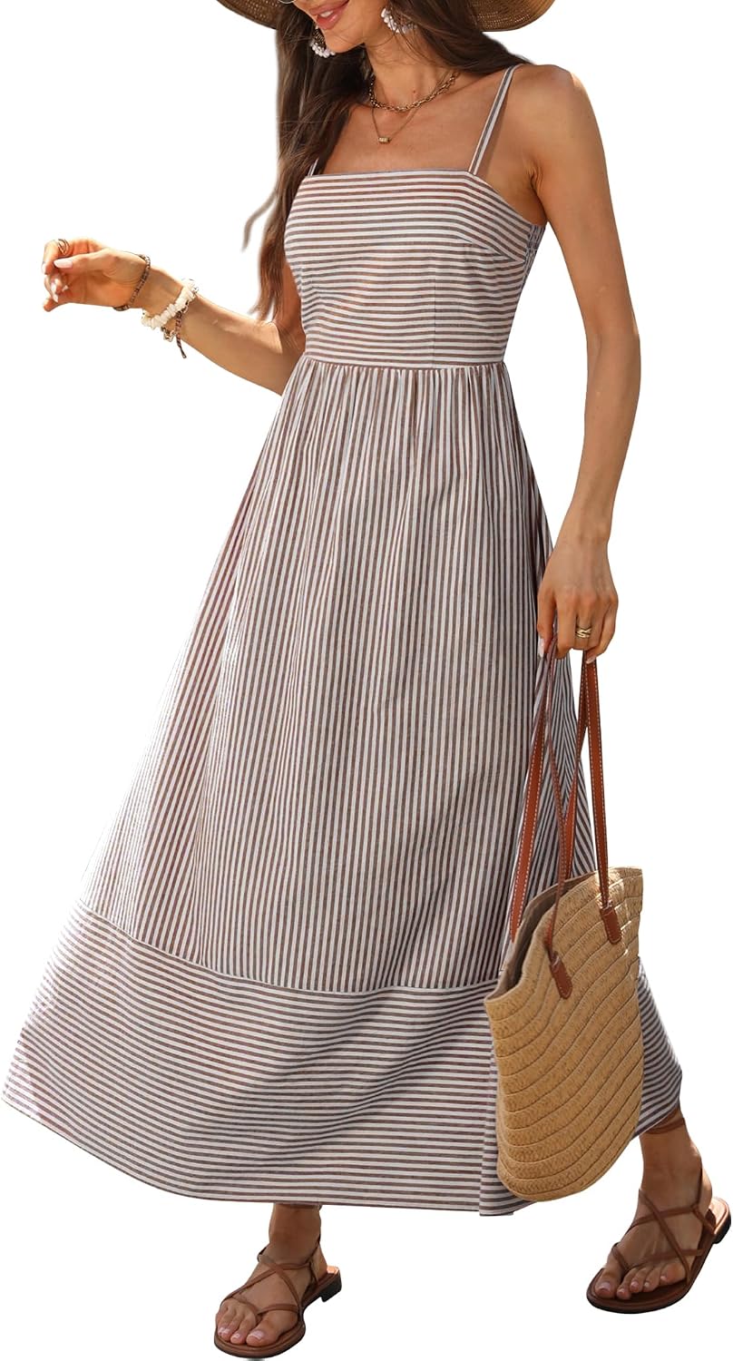 Caracilia Womens Maxi Dresses Gingham Summer Beach Outfits | Spaghetti Strap Back Smocked Cut Out, Flowy Long Sundress, Cute Travel Vacation Picnic Dress Fashion Clothes