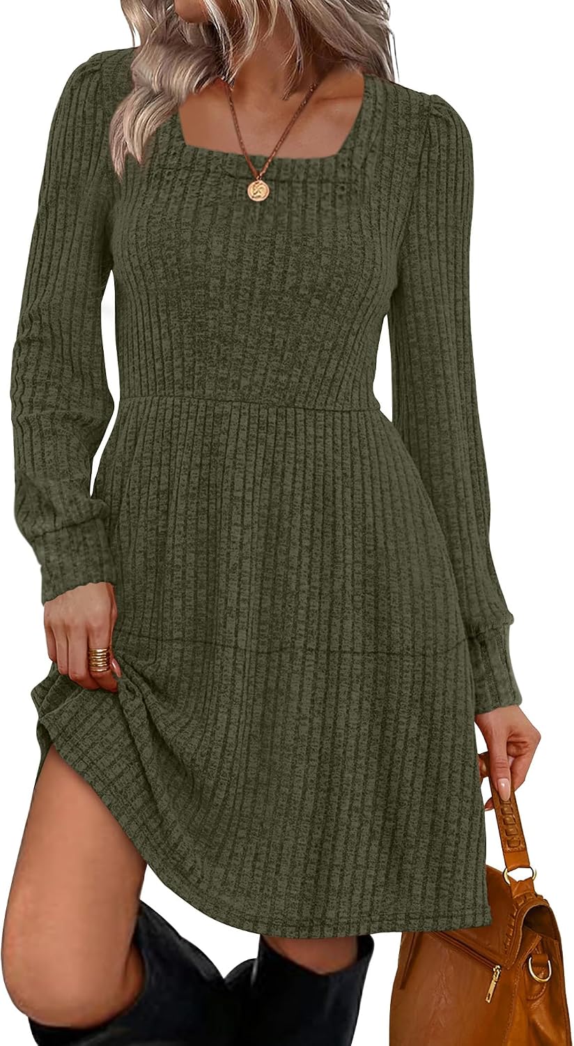 Sampeel Womens Square Neck Long Sleeve Fall Dresses Casual Babydoll Sweater Dress
