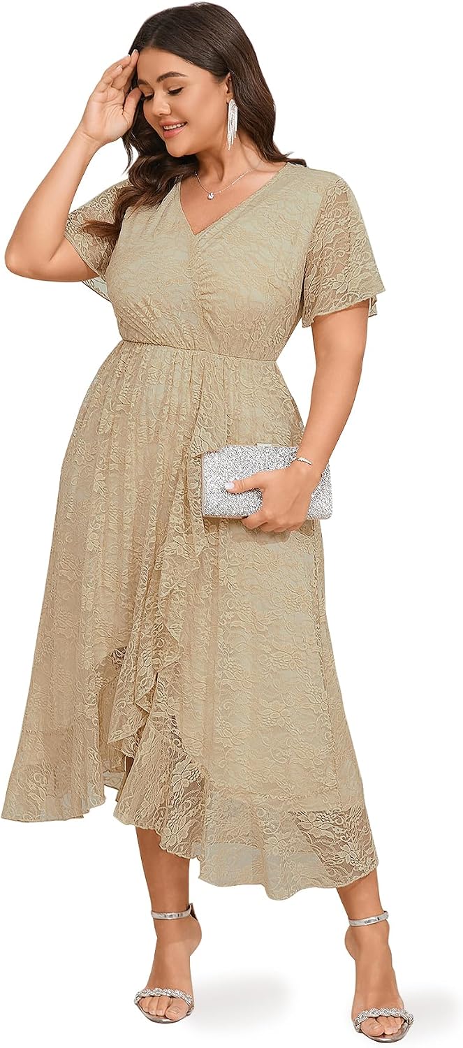 SCOMCHIC Womens Plus Size Wedding Guest Formal Dress | Lace, Wrap V Neck, High Low, Short Sleeve, Cocktail, Maxi Dresses