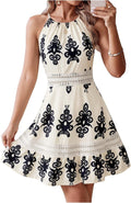 Floerns Women's Contrast Lace Sleeveless Halter Dress Backless Vacation A Line Dress