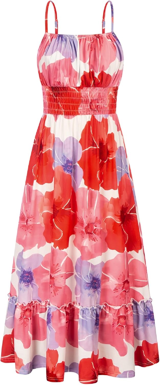 GRACE KARIN Summer Dresses for Women 2026 Vacation Boho Maxi Sundress | Casual, Smocked Waist, Floral Printed, Spaghetti Strap, Sleeveless, Beach Dresses With Pockets, Fashion Outfits