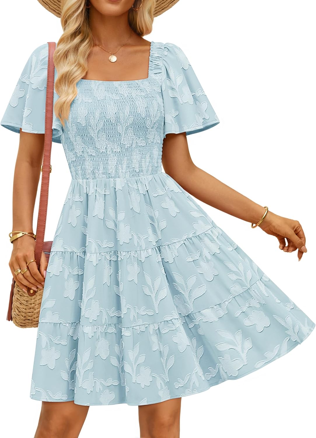 ZESICA Women's 2026 Summer Boho Floral Flowy Mini Dresses | Elegant Short Dress, Swing A Line Dress, Smocked Ruffle, Cute Sundress, Short Sleeve, Square Neck, Beach Vacation Dress
