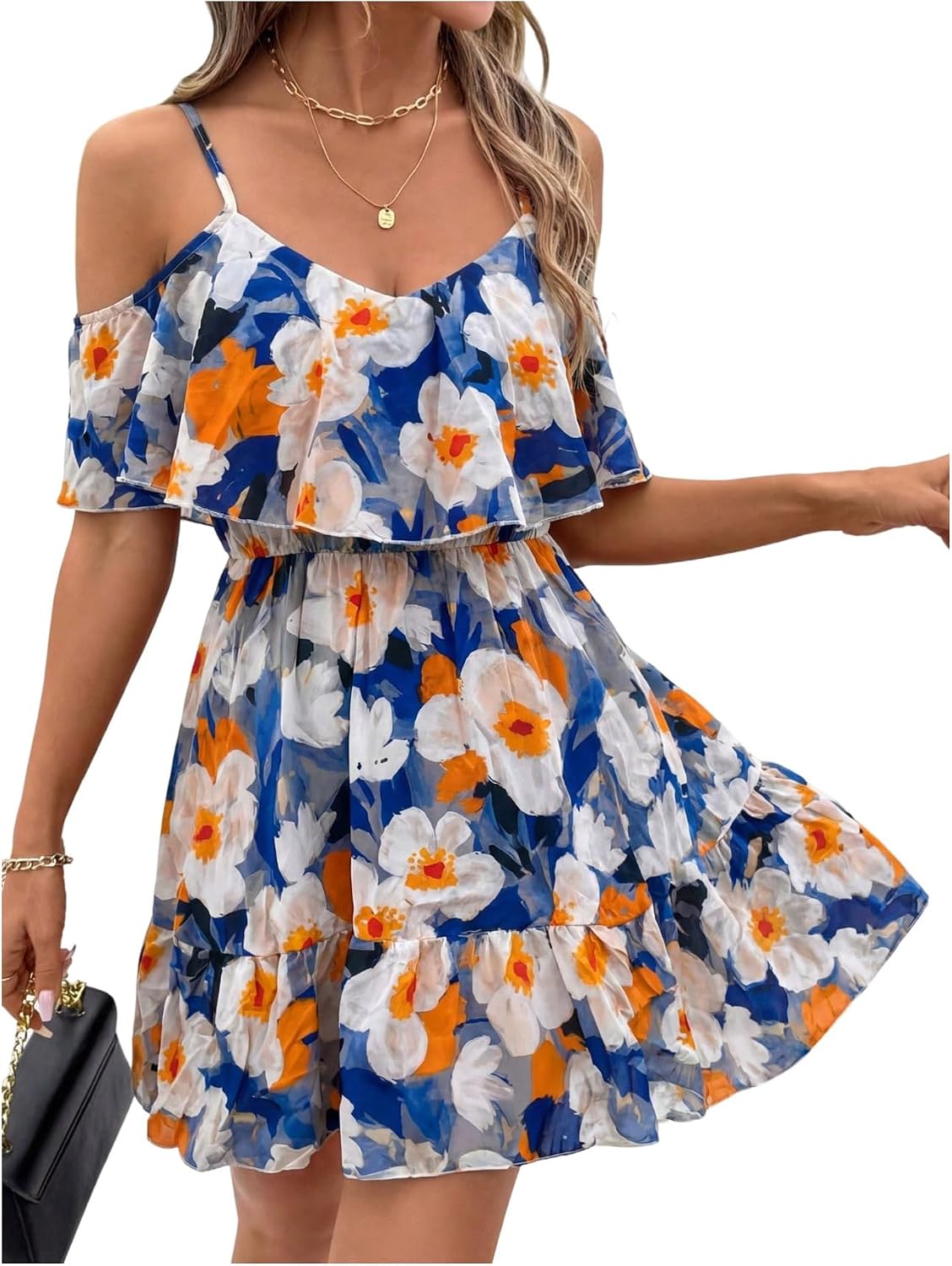 SOLY HUX Women's Summer Floral Mini Dress Cold Shoulder Ruffle Dresses | Boho, Short Sleeve, A Line, Vacation, Sundress