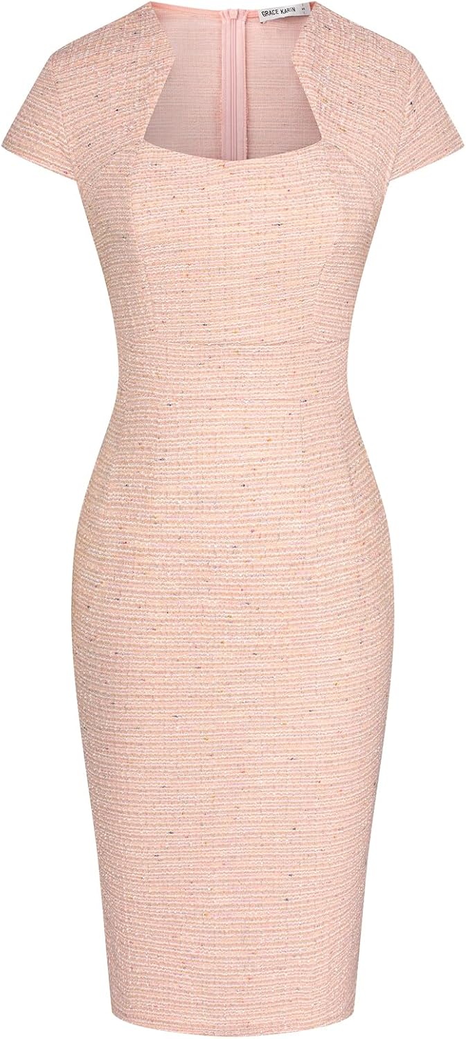 GRACE KARIN Work Dresses for Women Tweed Pencil Dress | Cap sleeve, Knee-length, Zipper back, Sweetheart neck, Stretch fabric, Formal office work business sheath dress