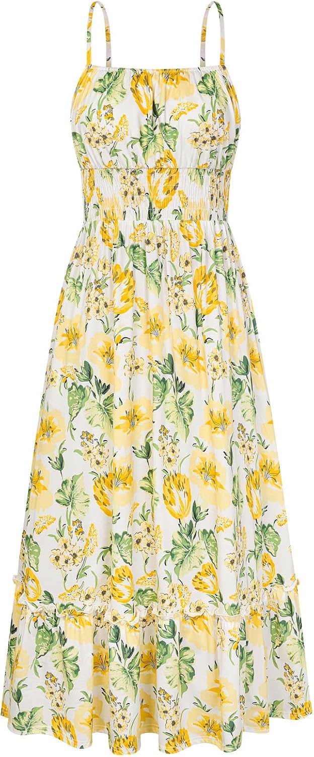 GRACE KARIN Summer Dresses for Women 2026 Vacation Boho Maxi Sundress | Casual, Smocked Waist, Floral Printed, Spaghetti Strap, Sleeveless, Beach Dresses With Pockets, Fashion Outfits