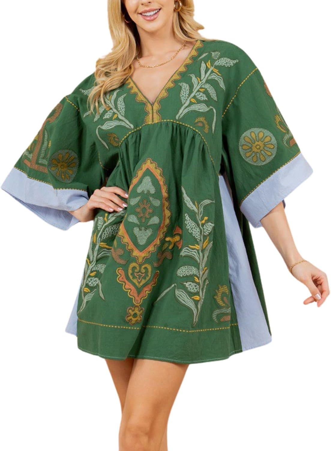 Joiemont Womens Oversized Embroidered Dress with V-Neck and 3\/4 Sleeves Vintage Embroidery Babydoll Dress