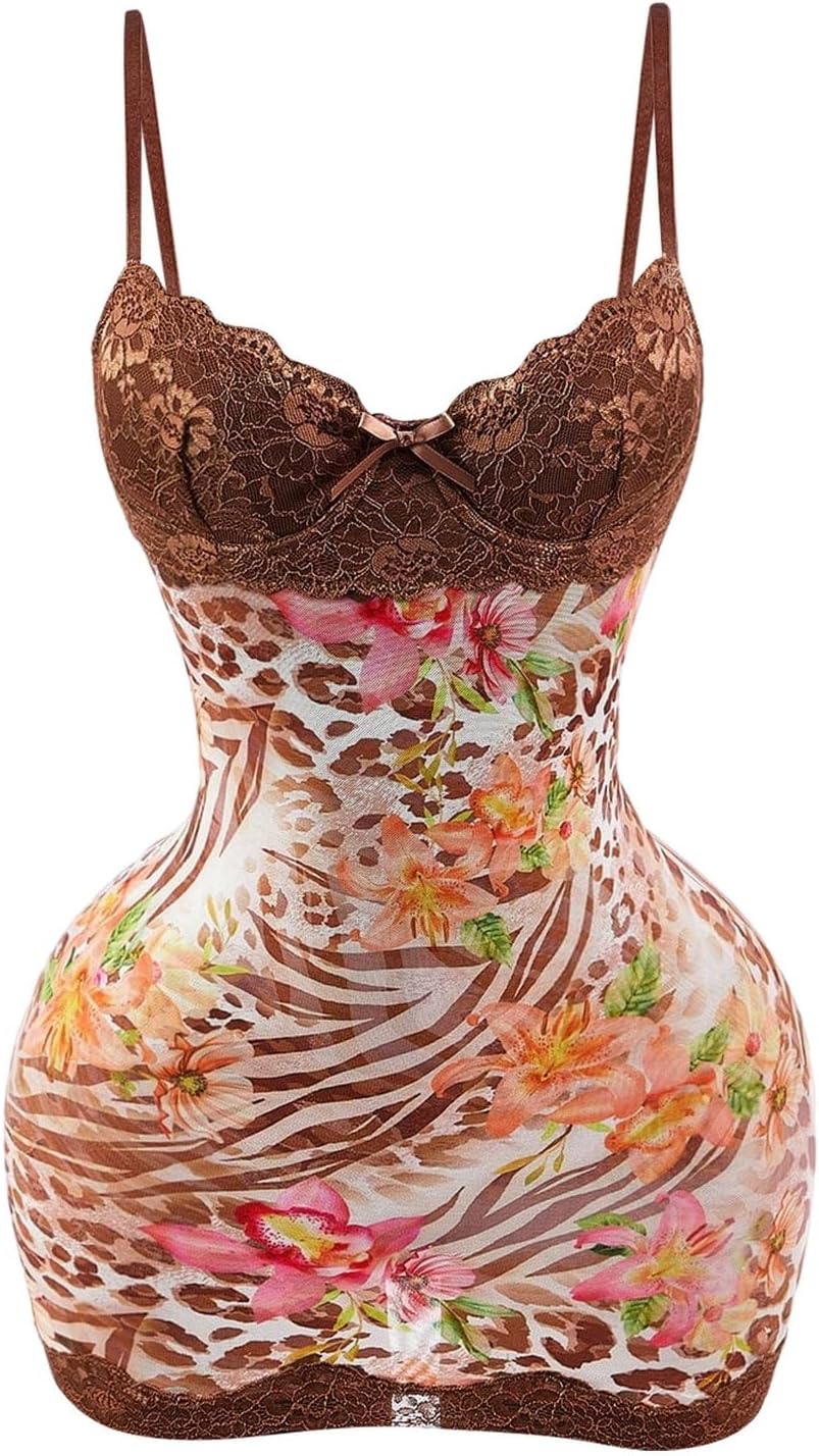 SOLY HUX Women's Club Outfits Summer Floral Mini Dress Lace Bodycon Dresses | Lace Trim, Mini Dress, Spaghetti Strap, Bodycon, Party, Cami Dresses