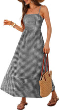 Caracilia Womens Maxi Dresses Gingham Summer Beach Outfits | Spaghetti Strap Back Smocked Cut Out, Flowy Long Sundress, Cute Travel Vacation Picnic Dress Fashion Clothes