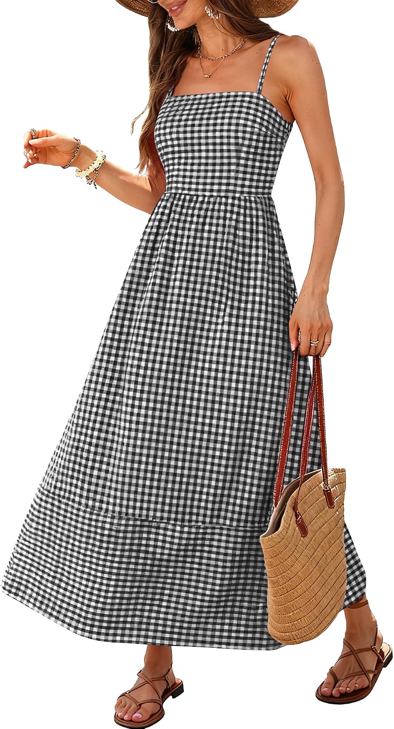 Caracilia Womens Maxi Dresses Gingham Summer Beach Outfits | Spaghetti Strap Back Smocked Cut Out, Flowy Long Sundress, Cute Travel Vacation Picnic Dress Fashion Clothes