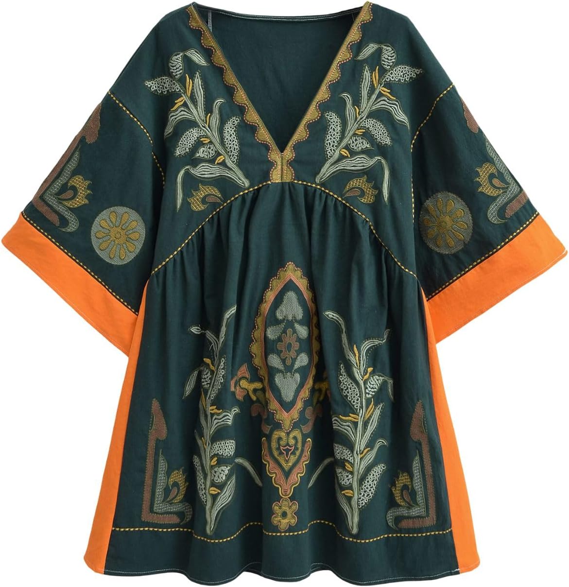 Joiemont Womens Oversized Embroidered Dress with V-Neck and 3\/4 Sleeves Vintage Embroidery Babydoll Dress